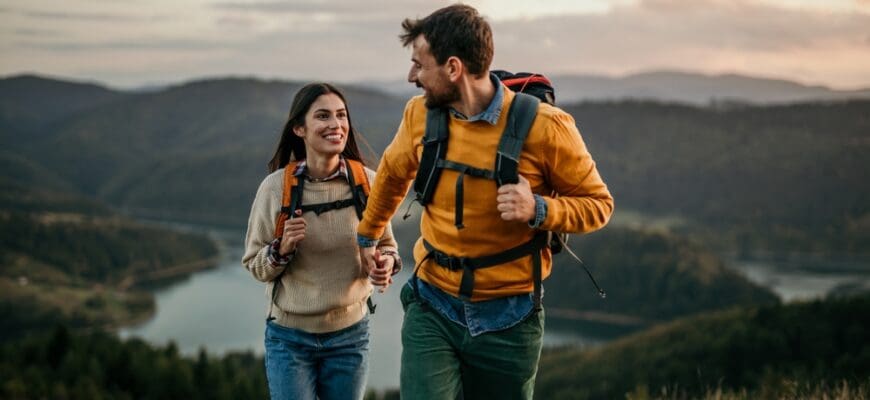 Shot,Of,A,Couple,Going,For,A,Hike,Up,The